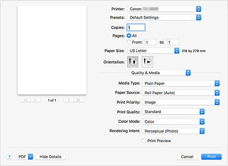 figure:Quality & Media in the Print dialog