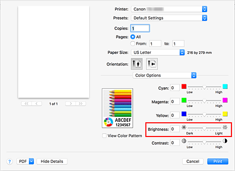 Imagen: Brillo de Opciones de color del cuadro de diálogo Imprimir