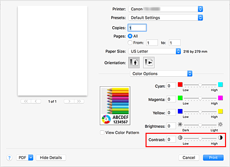 Imagen: Contraste de Opciones de color del cuadro de diálogo Imprimir