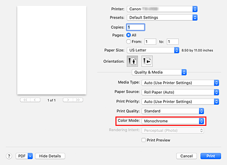 Abbildung: Monochrom und Monochrom-Bitmap von Qualität & Medium im Druckdialogfeld