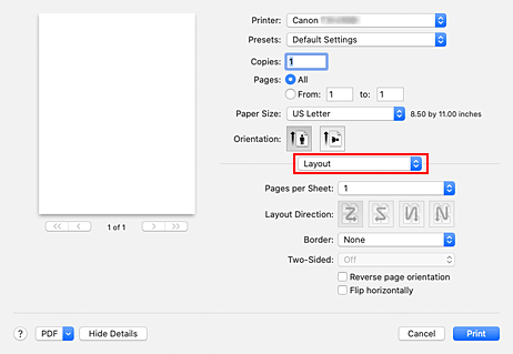 Abbildung: "Layout" im Dialog "Drucken"