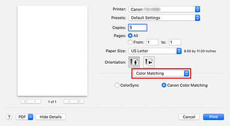 figure:Color Matching in the Print dialog