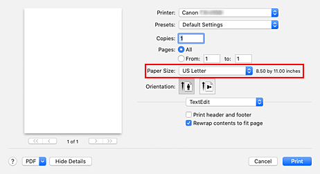 figure:Paper Size in the Print dialog