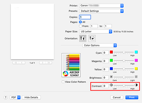 Imagen: Contraste de Opciones de color del cuadro de diálogo Imprimir