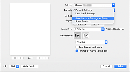 Imagen: selección de Guardar configuración actual como predeterminada... en Preajustes del cuadro de diálogo Imprimir