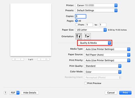 figura: Qualità/Tipo di carta nella finestra di dialogo Stampa