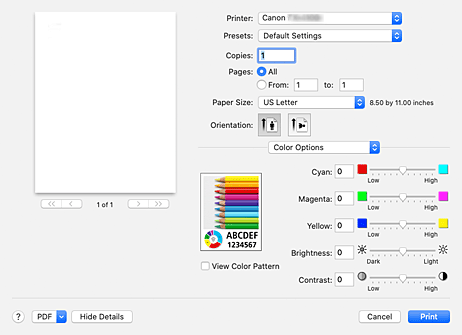 figura:Opções de Cor na caixa de diálogo Imprimir