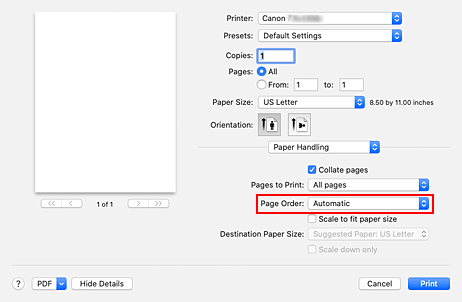 figura:Selecione Automático em Ordem das páginas de Gestão de Papel na caixa de diálogo Imprimir