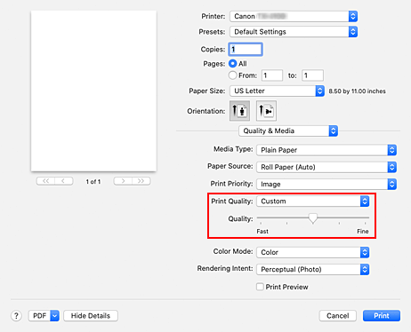 figura:Selecione Personalizada em Qualidade de Impressão de Qualidade e Mídia na caixa de diálogo Imprimir