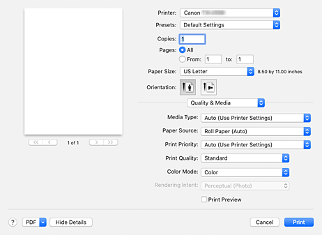 figura: Qualidade e Mídia na caixa de diálogo Imprimir