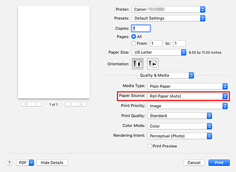 figura: Origem do Papel de Qualidade e Mídia na caixa de diálogo Imprimir