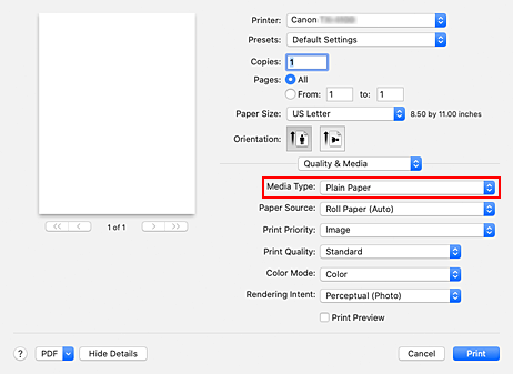 рисунок: пункт "Тип носителя" раздела "Качество и носители" в диалоговом окне "Печать"