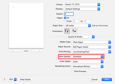рисунок: пункт "Качество печати" раздела "Качество и носители" в диалоговом окне "Печать"