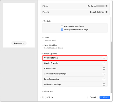 figure:Color Matching in the Print dialog