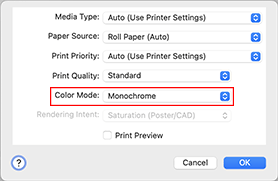 figure:Monochrome and Monochrome Bitmap of Quality & Media in the Print dialog