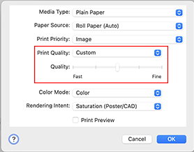 figure:Select Custom from Print Quality of Quality & Media in the Print dialog