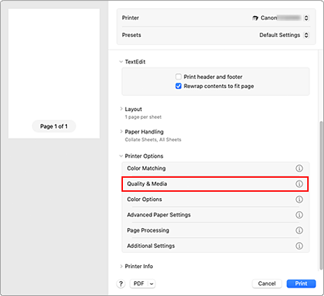 figure:Quality & Media in the Print dialog