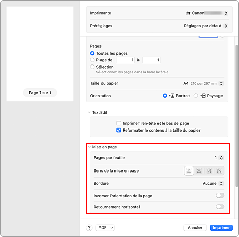 figure&nbsp;:&nbsp;Mise en page dans la boîte de dialogue Imprimer