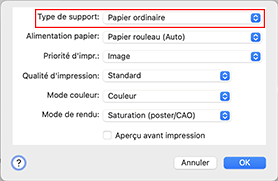 figure&nbsp;:&nbsp;Type de support dans Qualité et support de la boîte de dialogue Imprimer