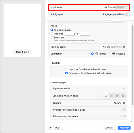 figure&nbsp;:&nbsp;Imprimante dans la boîte de dialogue Imprimer