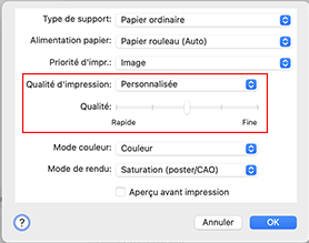 figure&nbsp;:&nbsp;Sélectionnez Personnalisée pour Qualité et support dans la boîte de dialogue Imprimer.