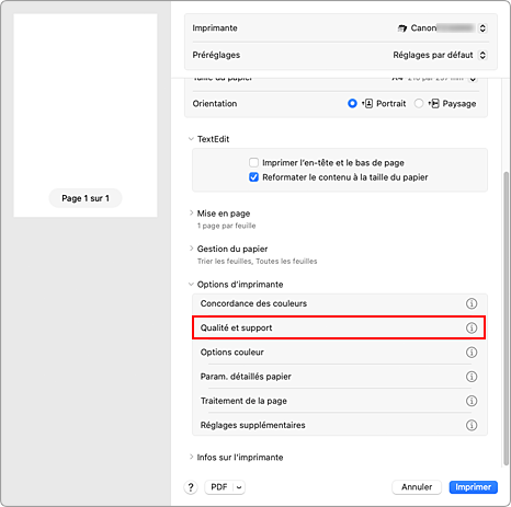 figure&nbsp;:&nbsp;Qualité et support dans la boîte de dialogue Imprimer