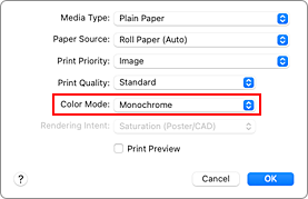 figure:Monochrome and Monochrome Bitmap of Quality & Media in the Print dialog
