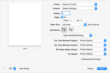 figure:Paper Detailed Settings in the Print dialog