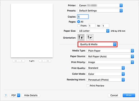 figure:Quality & Media in the Print dialog