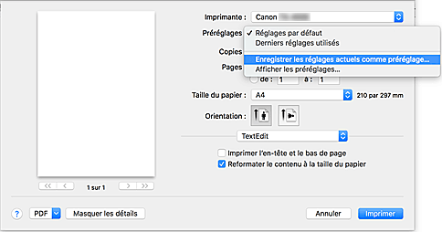 figure&nbsp;: Sélectionnez Enregistrer les paramètres actuels comme préréglages... dans les Préréglages de la boîte de dialogue Imprimer
