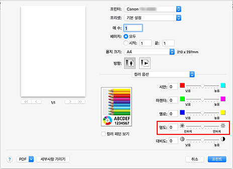 그림: [프린트] 대화 상자 [컬러 옵션]의 [명도]