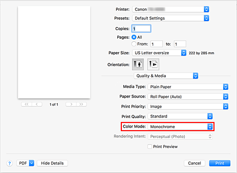 figure:Monochrome and Monochrome Bitmap of Quality & Media in the Print dialog