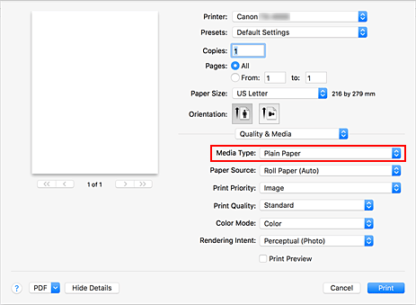 figure:Media Type of Quality & Media in the Print dialog