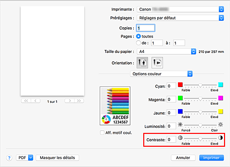 figure&nbsp;: Contraste des options de couleur dans la boîte de dialogue Imprimer