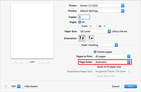 figure:Select Automatic from Page order of Paper Handling in the Print dialog