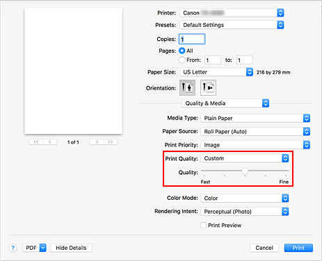 figure:Select Custom from Print Quality of Quality & Media in the Print dialog