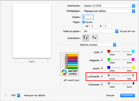 figure&nbsp;: Luminosité des options de couleur dans la boîte de dialogue Imprimer