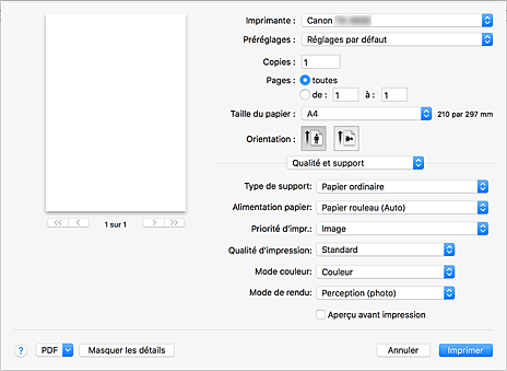 figure&nbsp;:&nbsp;Qualité et support dans la boîte de dialogue Imprimer
