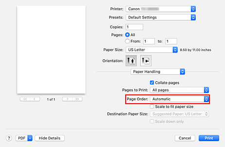 Abbildung: Auswahl von "Automatisch" für "Reihenfolge" unter "Papierhandhabung" im Dialog "Drucken"