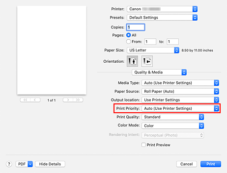 Abbildung: "Druckqualität" unter "Qualität und Medium" im Dialog "Drucken"