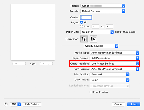 figure:Output location of Quality & Media in the Print dialog