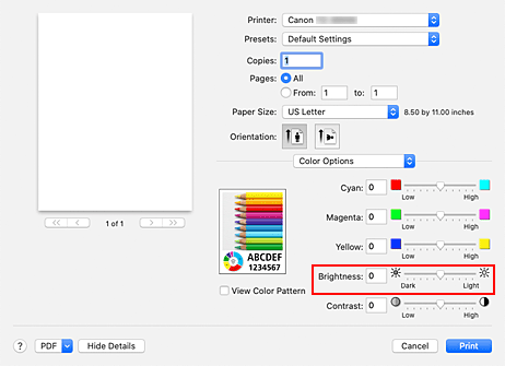 Imagen: Brillo de Opciones de color del cuadro de diálogo Imprimir