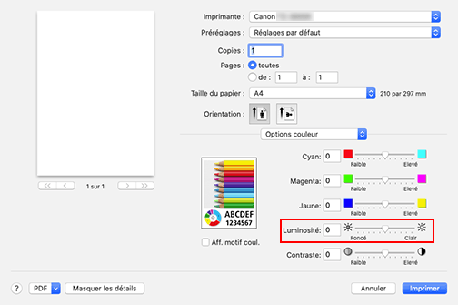 figure : Luminosité des options de couleur dans la boîte de dialogue Imprimer