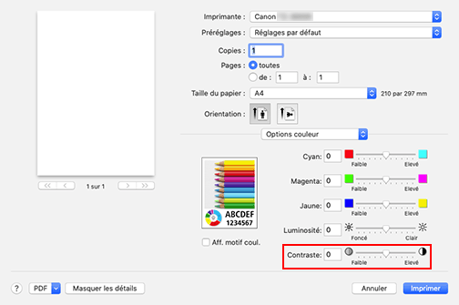 figure : Contraste des options de couleur dans la boîte de dialogue Imprimer