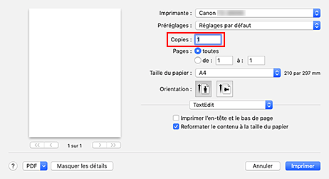 figure : Copies dans la boîte de dialogue Imprimer