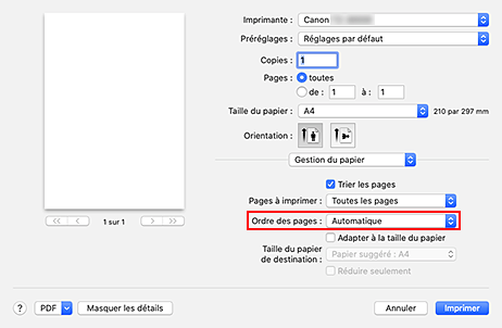 figure : Sélectionnez Automatique dans Ordre des pages pour Gestion du papier dans la boîte de dialogue Imprimer.