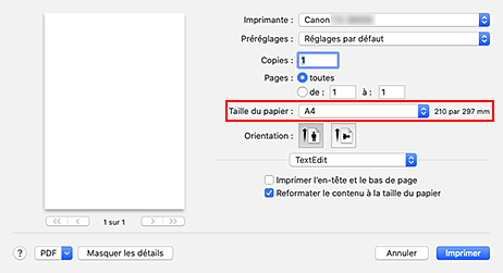 figure : Taille du papier dans la boîte de dialogue Imprimer
