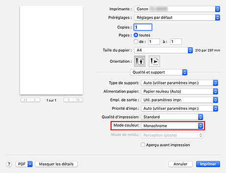 figure : monochrome et monochrome matriciel de la qualité et du support dans la boîte de dialogue Imprimer