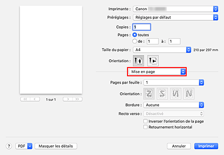 figure : Mise en page dans la boîte de dialogue Imprimer