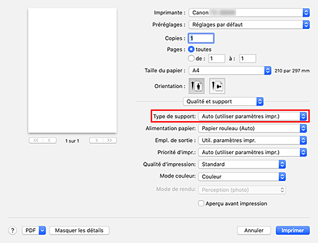 figure : Type de support dans Qualité et support de la boîte de dialogue Imprimer